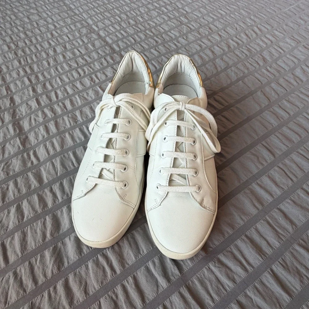 Joie‎ White Leather Low Top Sneakers Gold Heel Tab Lace Up Trainers Womens 40